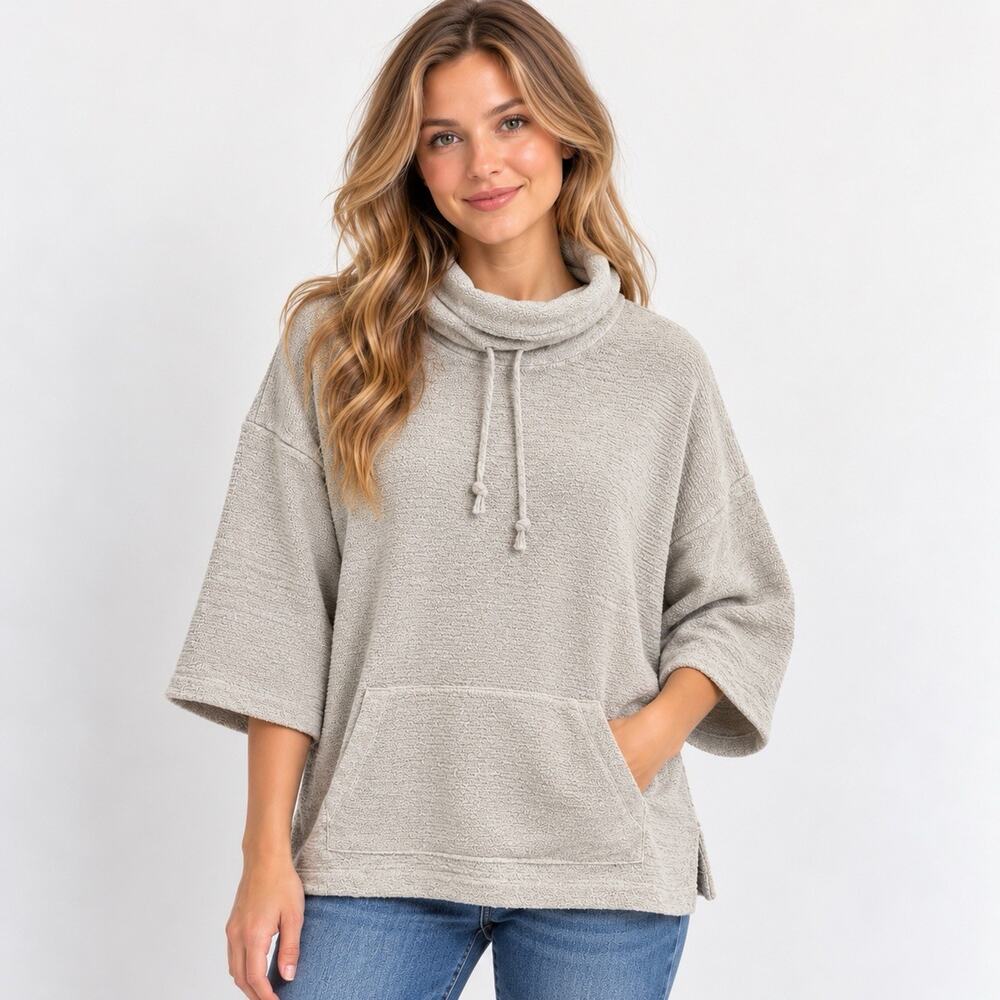 Pure Jill XL Gray Cowl Funnel Neck Tunic Sweater Oversized Kangaroo Pocket